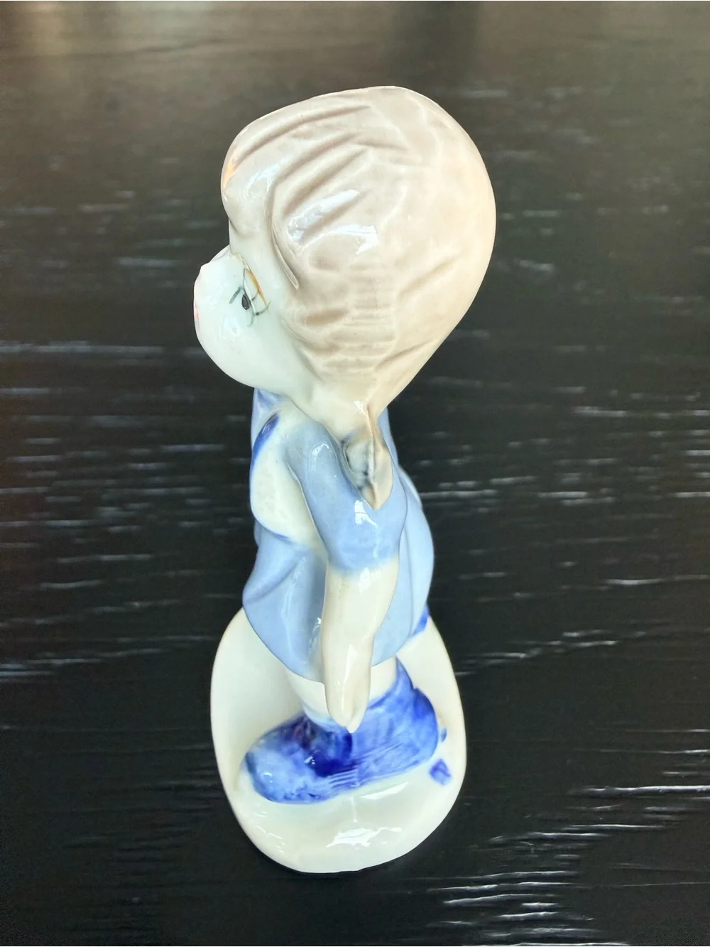 Vintage Hand-Painted Porcelain Girl, Blue Skates, Pigtails Made in Taiwan 4”